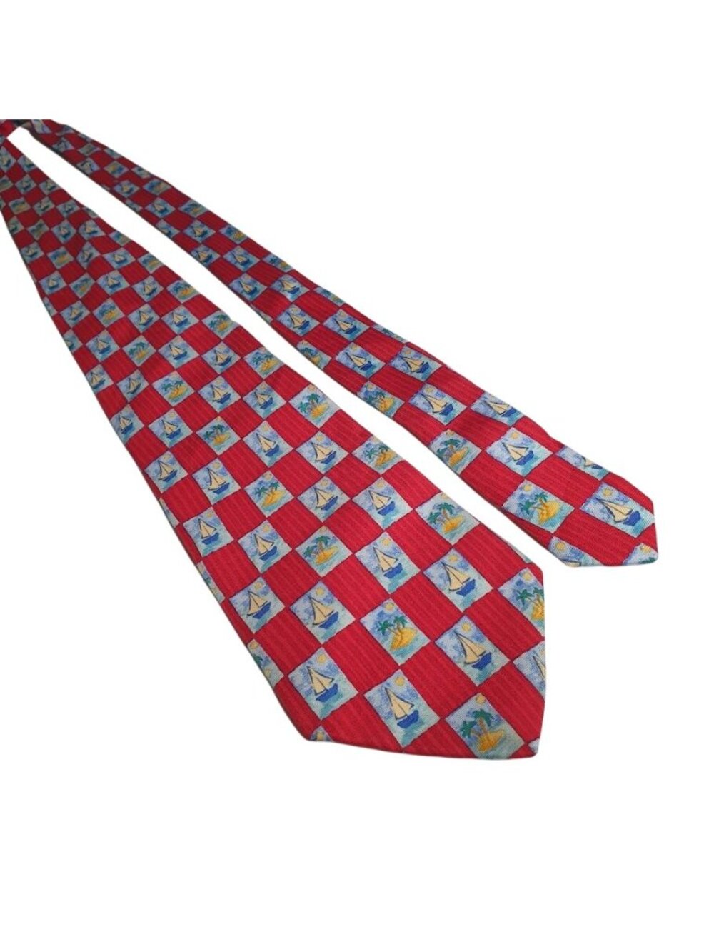 Charleston Men Nautical Sailboat Novelty Red Tie Silk Checkerboard Pattern USA